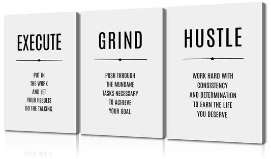 3 Pieces Motivational Wall Decor Inspirational Wall Art Execute Grind Hustle Wall Art Positive Affirmations Wall Decor Quotes Wall Decor Inspirational Posters for Office Decor (16Wx24Hx3PCS)