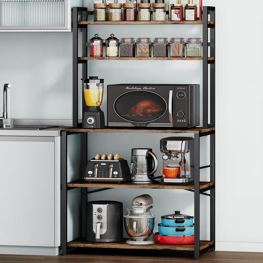 Denkee 31.5 Inch Width Bakers Rack for Kitchen Industrial 5-Tier Microwave Stand with Storage Freestanding Kitchen Stand Storage Shelf Coffee Bar Stand (Rustic Brown)