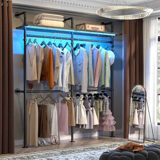 Aheaplus Industrial Pipe Clothing Rack Reversible 79.7 Clothes Rack for Hanging Clothes Heavy Duty Garment Rack Closet Wardrobe Rack with LED Lights& Shelves Walk-in Closet System Black Oak