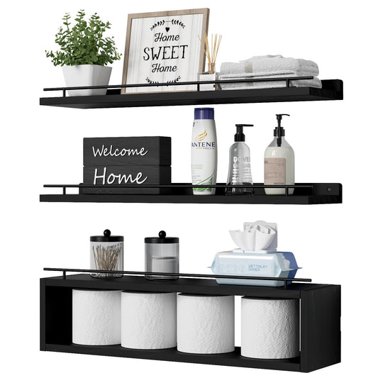 WOPITUES Floating Shelves for Wall 24 inch with Cube Shelf Wall Shelves with Metal Rail for Bathroom Decor Bathroom Organizers and Storage Over Toilet Shelves for Bathroom Toilet Paper-Black