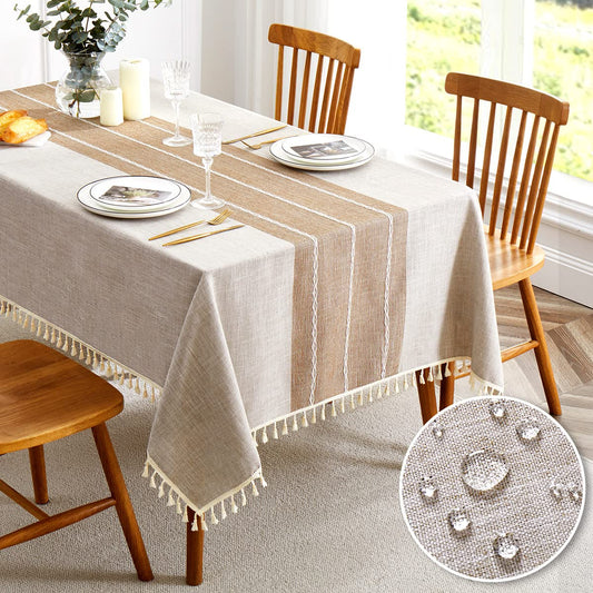 QIANQUHUI Embroidered Tablecloth for Dining TableRustic Farmhouse Kitchen Table Cloth Blue Table Cover Dust Proof Spillproof Soil Resistant Cotton Linen Rectangle Table Cloths（L-Coffee55x70 inch）