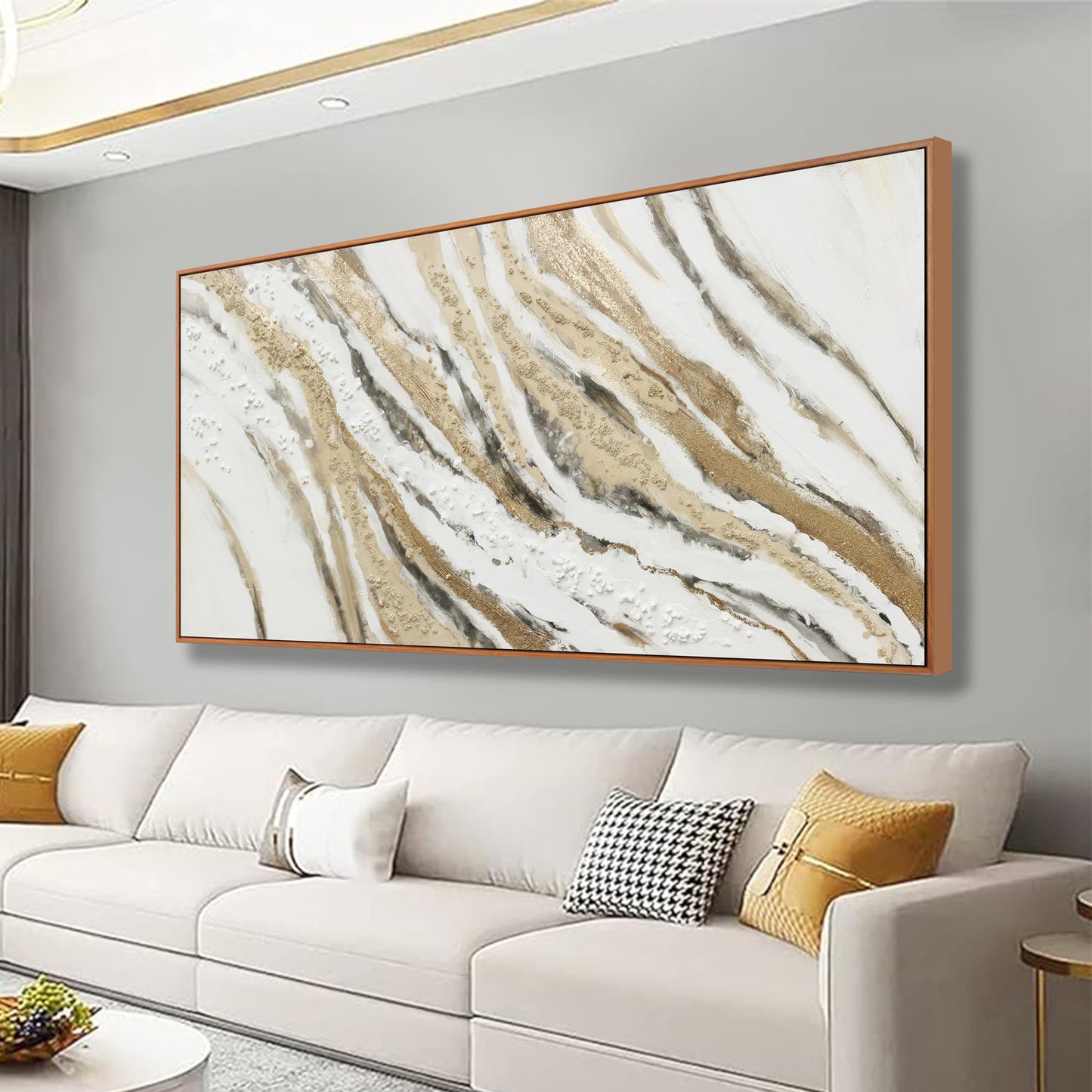 Abstract Wall Art Framed Artwork Abstract Painting With Golden And White Lines Decor Modern Canvas Wall Decor Suitable For Bedroom Apartment Office Dining Room Wall Decor Can Be Hang 24"X48"