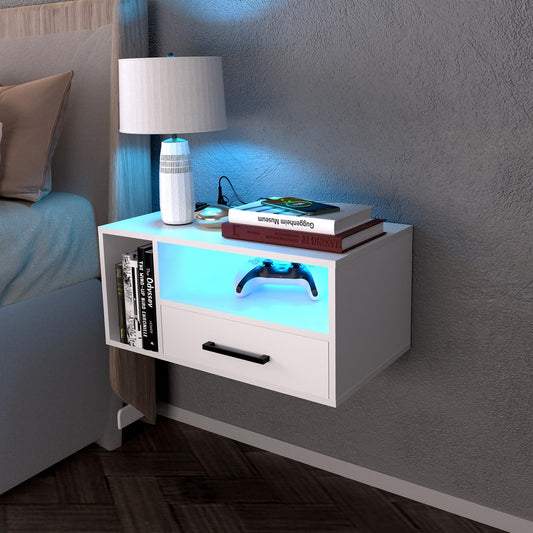 Bloddream Floating Nightstand with Charging Station and LED Light Strips 21.3" Night Stand with Drawers Floating Bedside with USB Ports and Outlets Bedroom Furniture