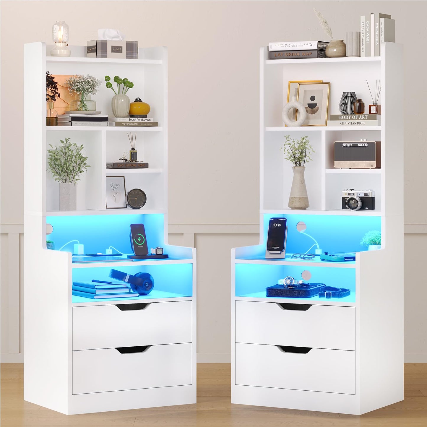 ADORNEVE Tall Nightstand Set of 2LED Night Stand with Charging StationBedside Table with Bookshelf and DrawersWhite Side Tables Bedroom