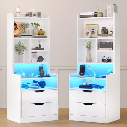 ADORNEVE Tall Nightstand Set of 2LED Night Stand with Charging StationBedside Table with Bookshelf and DrawersWhite Side Tables Bedroom