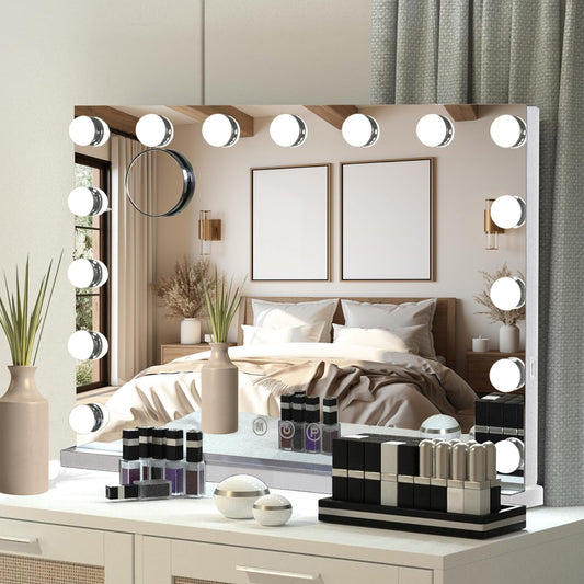 Btukrim Hollywood Vanity Mirror with Lights 10X Magnification Makeup Mirror with 15 Dimmable LED Bulbs 3 Color Lighting Modes Vanity Mirror for BedroomTouch ControlTabletop or Wall-Mounted White