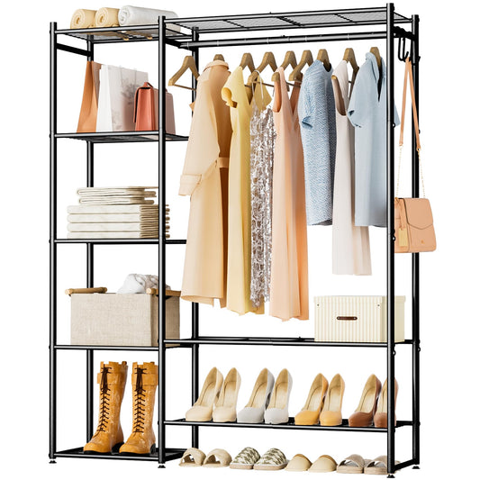 Wardrobe Closet Portable Clothing Rack for Hanging Clothes Free Standing Closet Organizers and Storage System with 4 Tiers Shelves for Cloakroom Bedroom Black