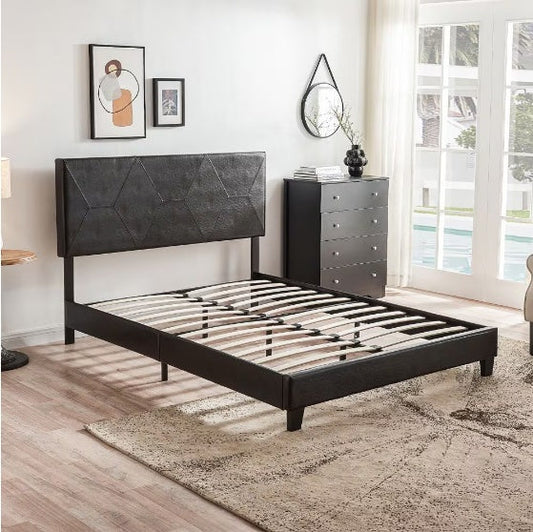 Queen-sized Upholstered Platform Bed Frame For Easy Assembly, Black, PU