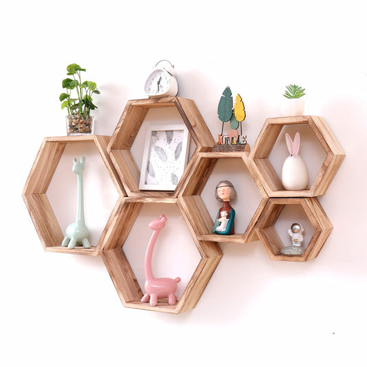 WONFUlity Hexagon Floating Shelves Honeycomb Shelves Wall Mounted Wood Farmhouse Storage Wall Shelf for Bathroom Kitchen Bedroom Living RoomDriftwood Finish Wall DecorLight Brwon